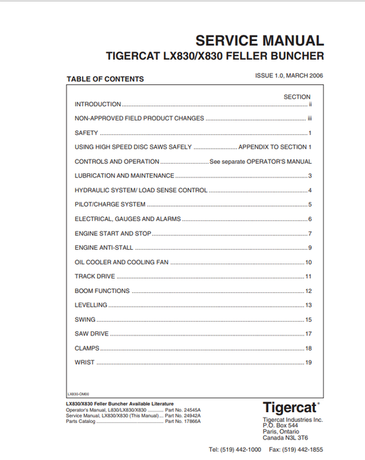 Tigercat LX830, X830 Feller Buncher Service Manual 24942A