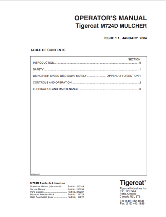 Tigercat M724D Mulcher Operator Manual 21324A