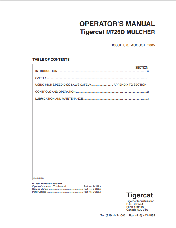 Tigercat M726D Mulcher Operator Manual 24259A