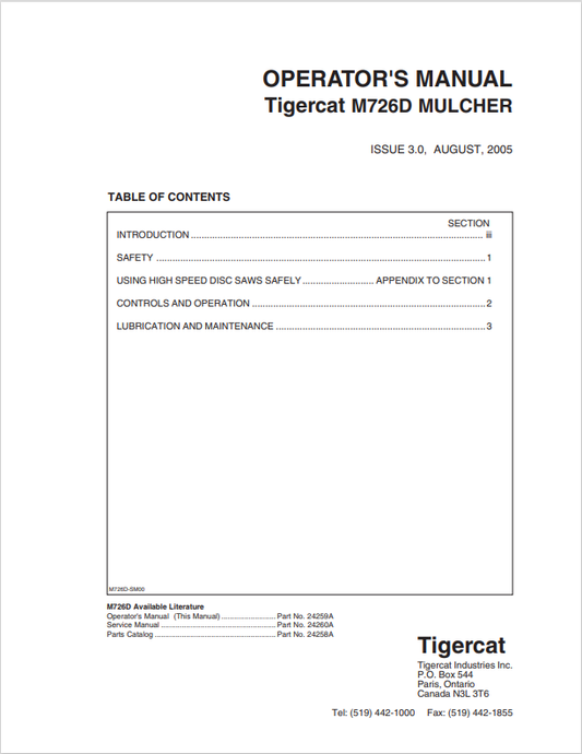 Tigercat M726D Mulcher Operator Manual 24259A