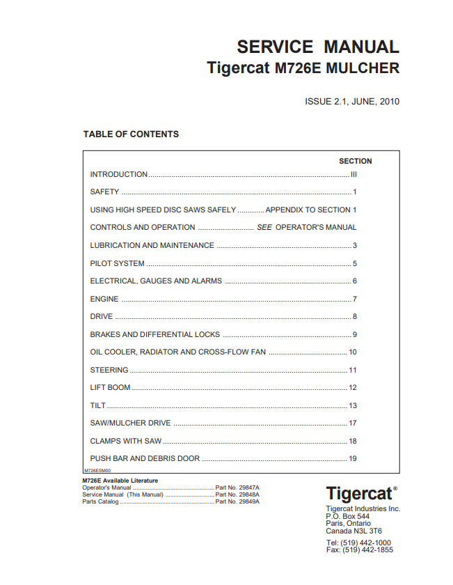 Tigercat M726E Mulcher Service  Manual 29848A