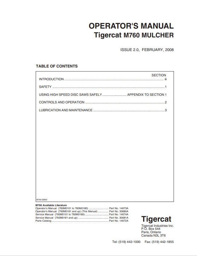 Tigercat M760 Mulcher Operator Manual 14673A