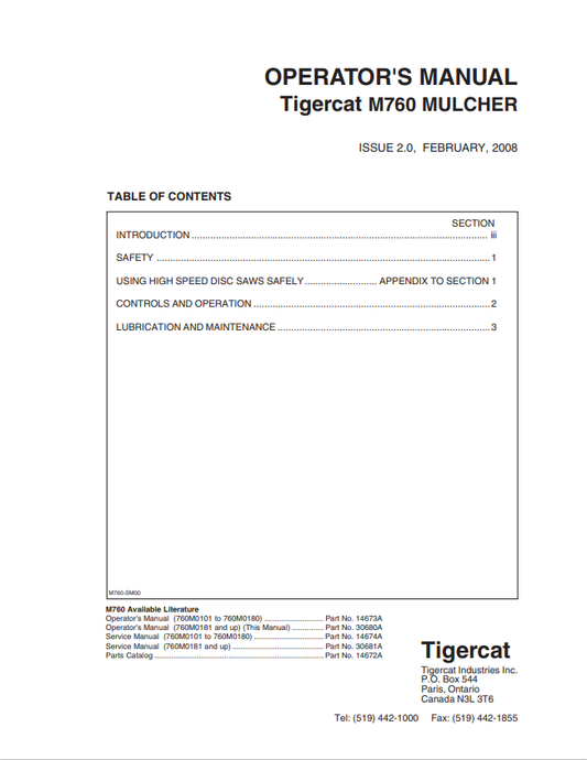 Tigercat M760 Mulcher Operator Manual 14673A