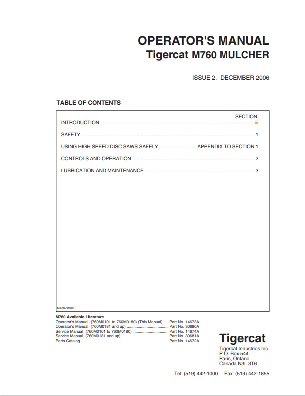 Tigercat M760 Mulcher Operator Manual 14673A