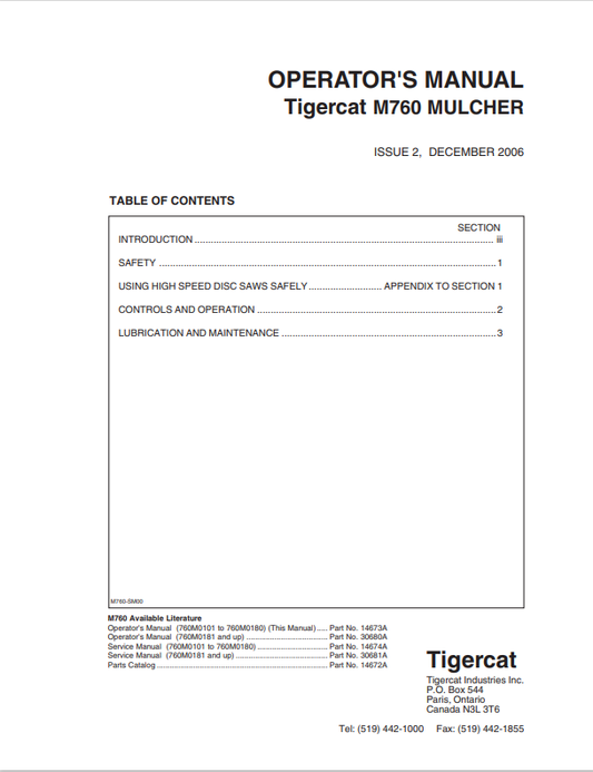 Tigercat M760 Mulcher Operator Manual 14673A