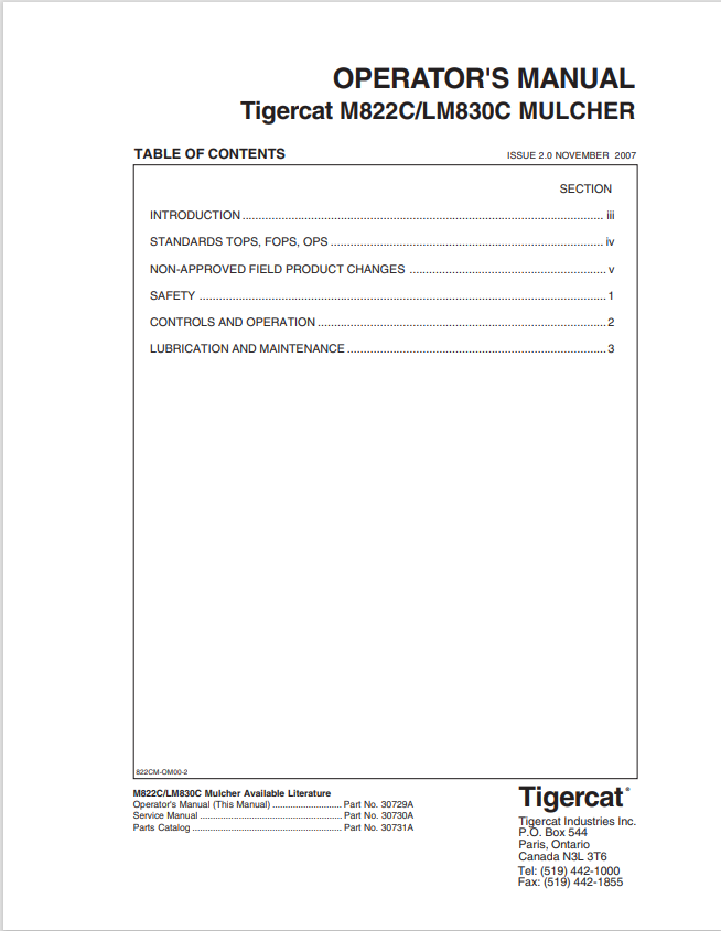 Tigercat M822C, LM830C Mulcher Operator Manual 30729A