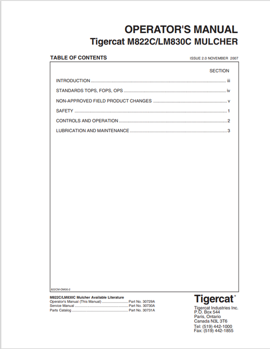 Tigercat M822C, LM830C Mulcher Operator Manual 30729A