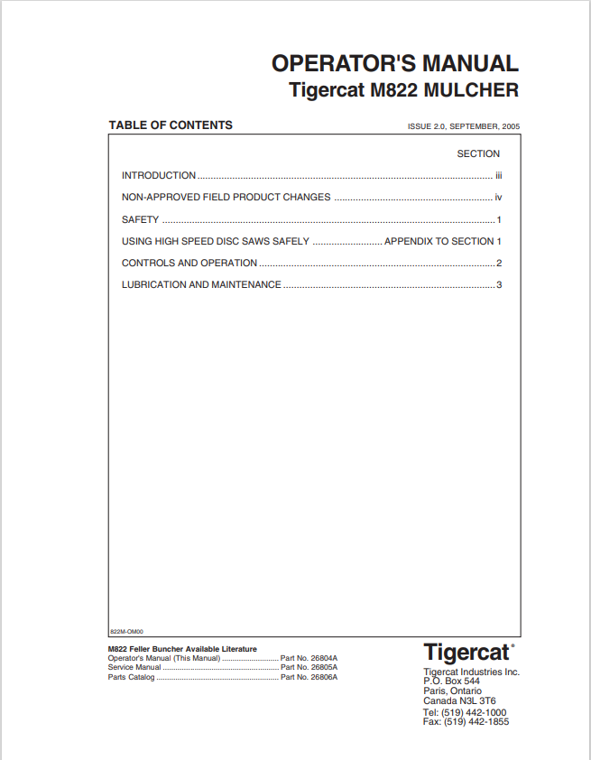 Tigercat M822 Mulcher Operator Manual 26804A