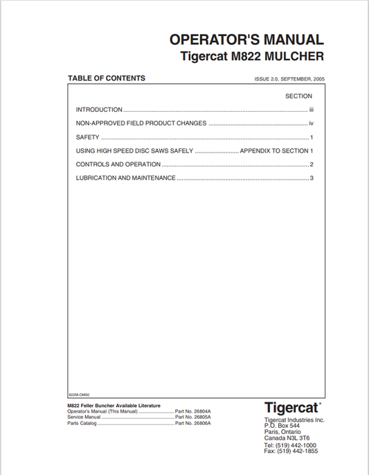 Tigercat M822 Mulcher Operator Manual 26804A