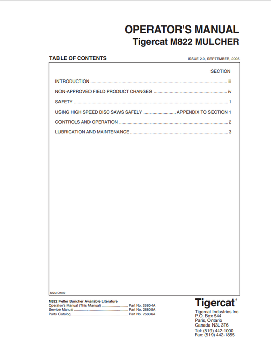 Tigercat M822 Mulcher Operator Manual 26804A