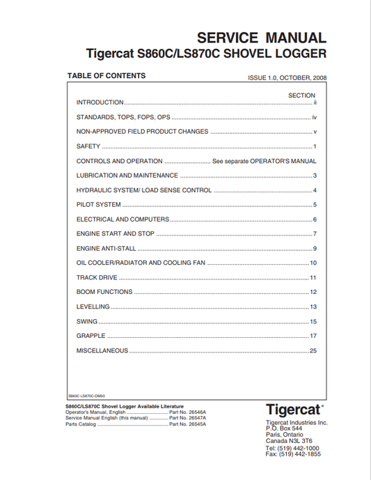 Tigercat S860C, LS870C Shovel Logger Service manual 26547A