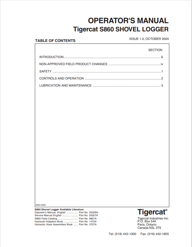 Tigercat S860 Shovel Logger Operator Manual 25026A