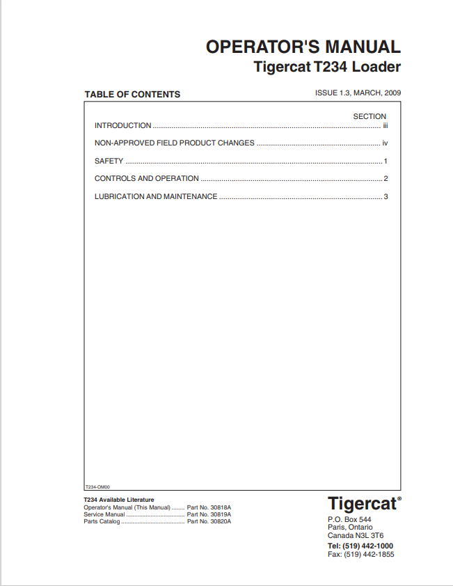 Tigercat T234 Loader Operator Manual 30818A