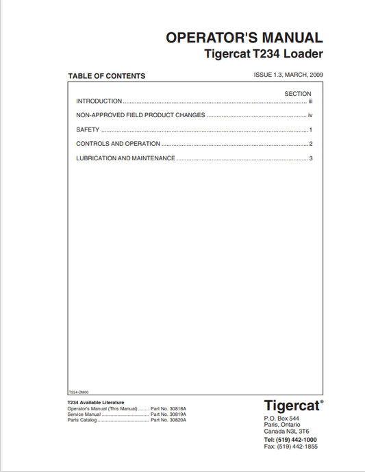 Tigercat T234 Loader Operator Manual 30818A