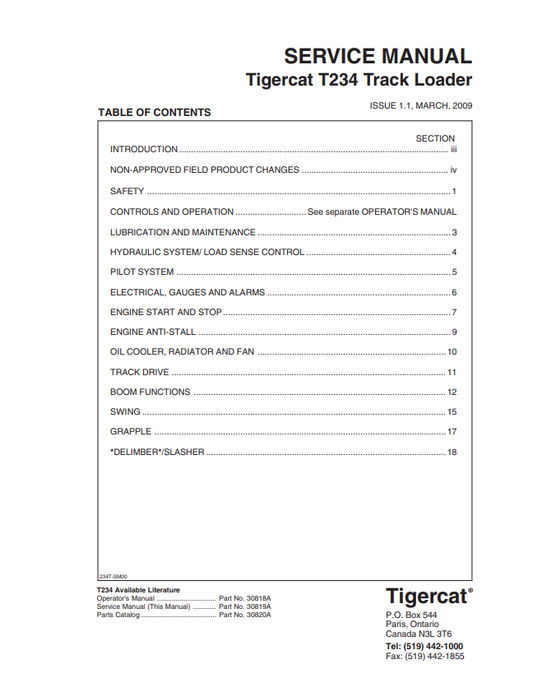 Tigercat T234 Track Loader Service Manual 30819A