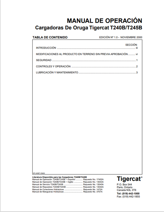 Tigercat T240B, T245B Track Loader Operating Manual 13045A