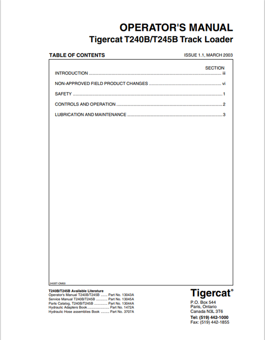 Tigercat T240B, T245B Track Loader Operator Manual 13043A