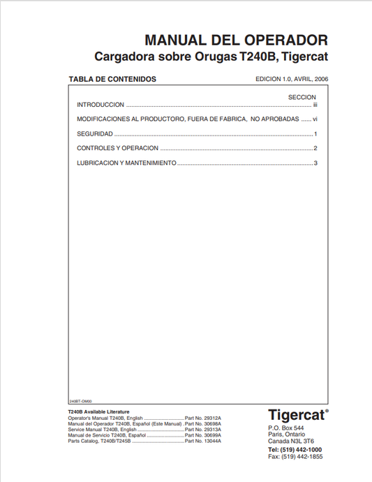Tigercat T240B Track Loader Operator Manual 29312A