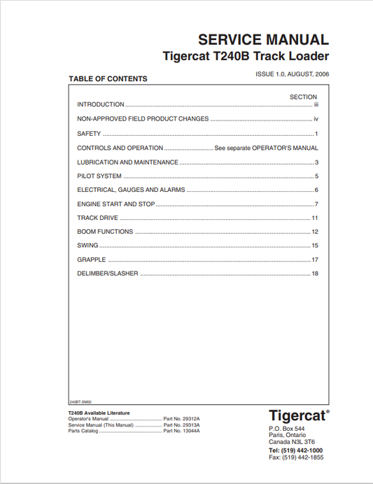 Tigercat T240B Track Loader Service Manual 29313A