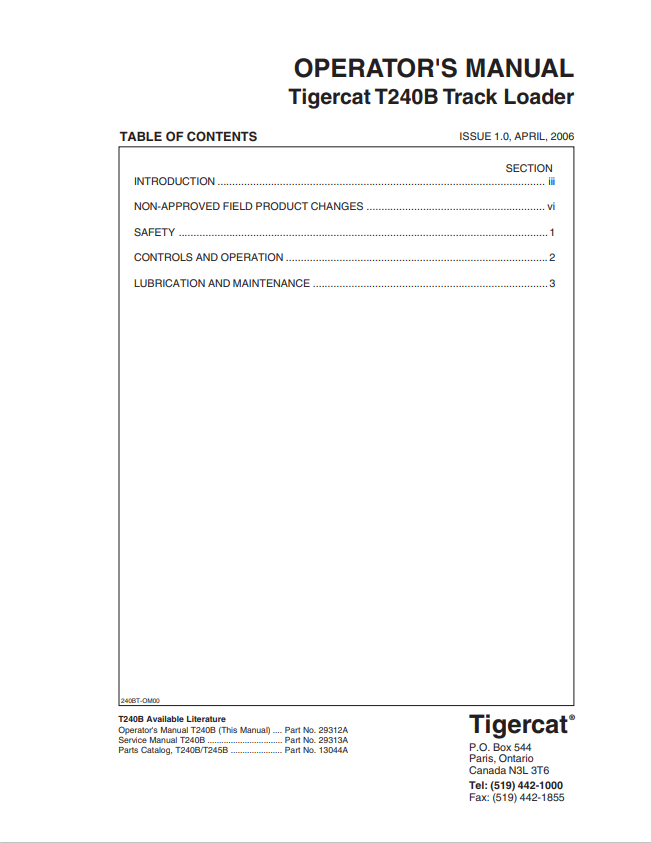 Tigercat T240B Tracket Loader Operator Manual 29312A