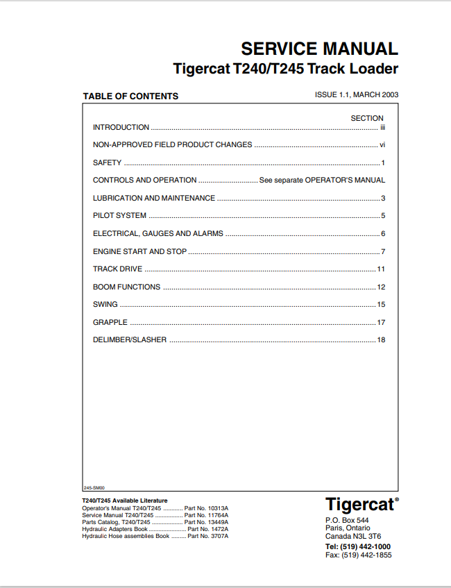 Tigercat T240, T245Y Track Loader Service Manual 10313A
