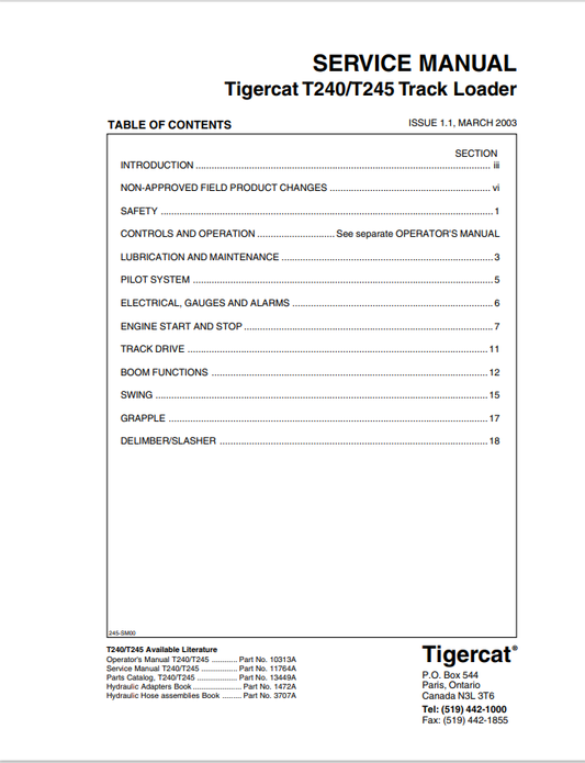 Tigercat T240, T245Y Track Loader Service Manual 10313A
