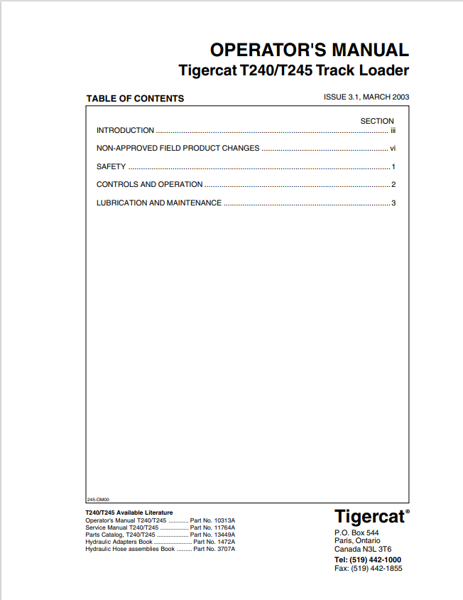 Tigercat T240, T245 Track Loader Operator Manual 10313A