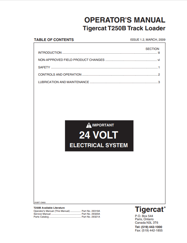 Tigercat T250B Track Loader Operator Manual 29319A