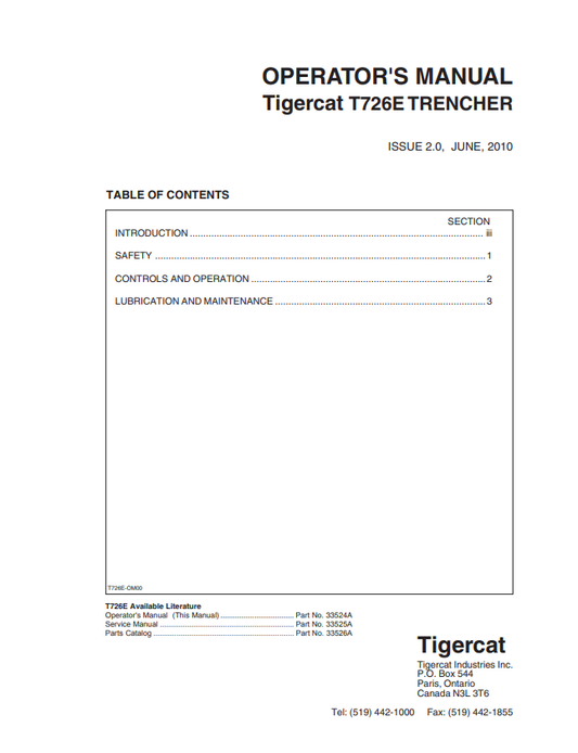 Tigercat T726E Trencher Operator Manual 33524A