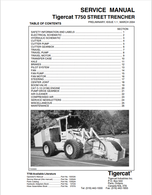 Tigercat T750 Street Trencher Service Manual 13054A