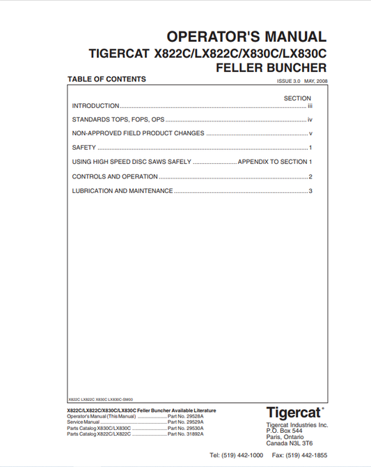 Tigercat X822C, LX822C, X830C, LX830C Feller Buncher Operator Manual 29528A