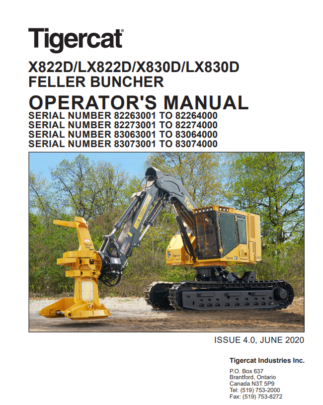 Tigercat X822D, LX822D, X830D, LX830D Feller Buncher Operator Manual 46198AENG
