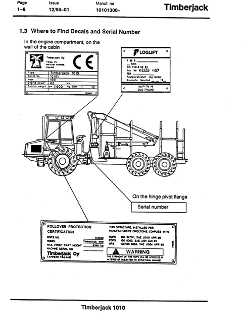 Timberjack 1010 Forwarder Operating Manual F034571 PDF