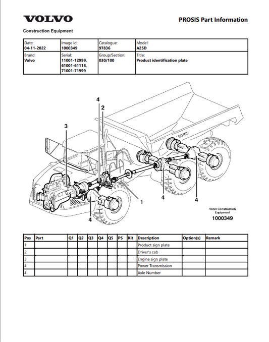 Volvo A25D Articulated Hauler Parts Catalogue Manual - PDF File