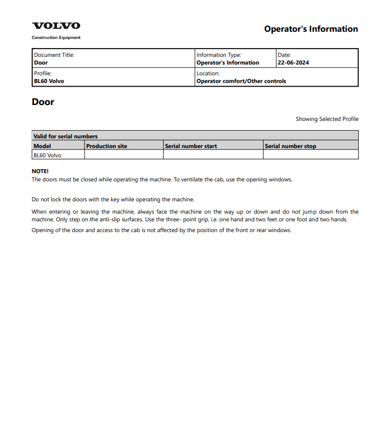 Volvo BL60 Backhoe Loader Operator Manual - PDF File
