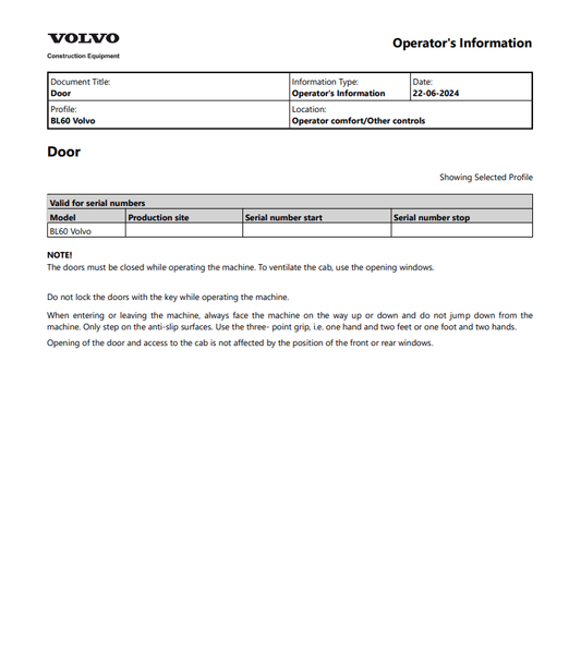 Volvo BL60 Backhoe Loader Operator Manual - PDF File