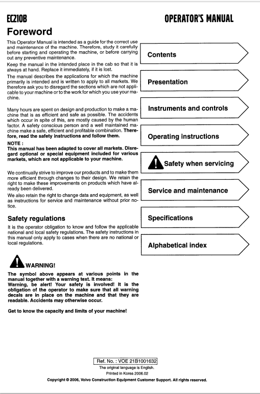 Volvo EC210B Excavator Operator Manual - PDF File
