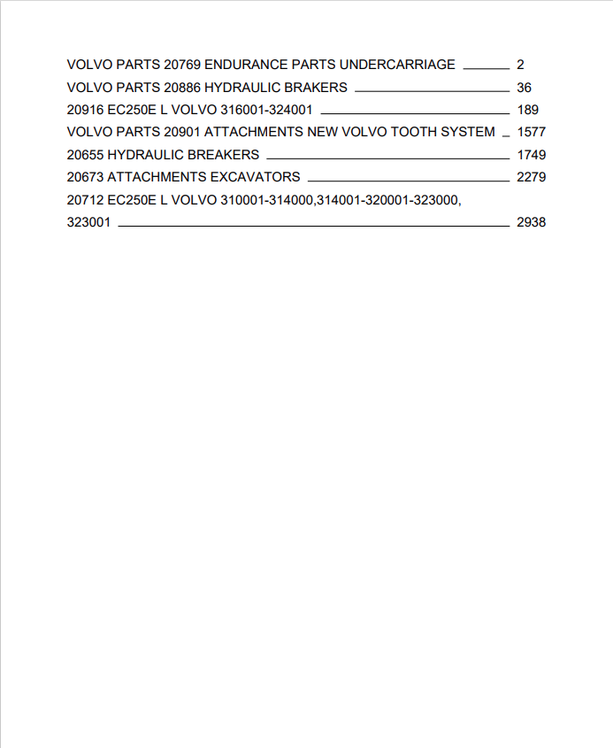 Volvo EC250E L Excavator Parts Catalogue Manual - PDF File