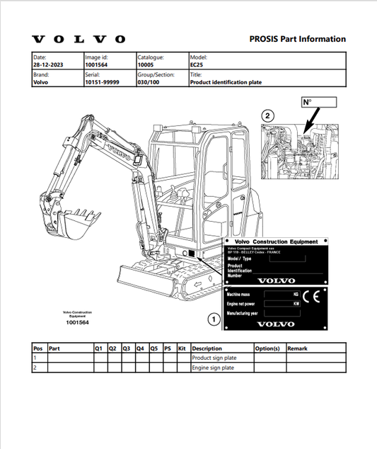 Volvo EC25 Articulated Hauler Parts Catalogue Manual Sn 10151-99999 - PDF File