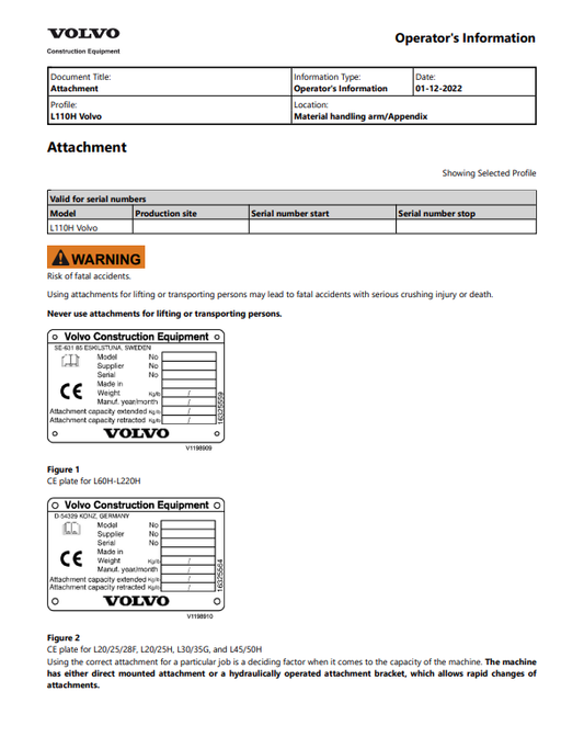 Volvo L110H Wheel Loader Operator Manual - PDF File