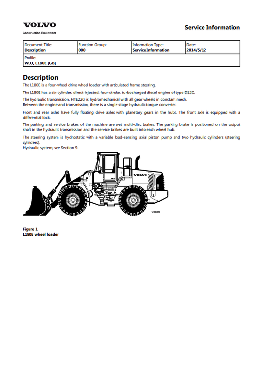 Volvo L180E Wheel Loader Service Repair Manual - PDF File