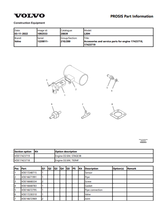 Volvo L20H Compact Wheel Loader CWL Part Catalogue Manual