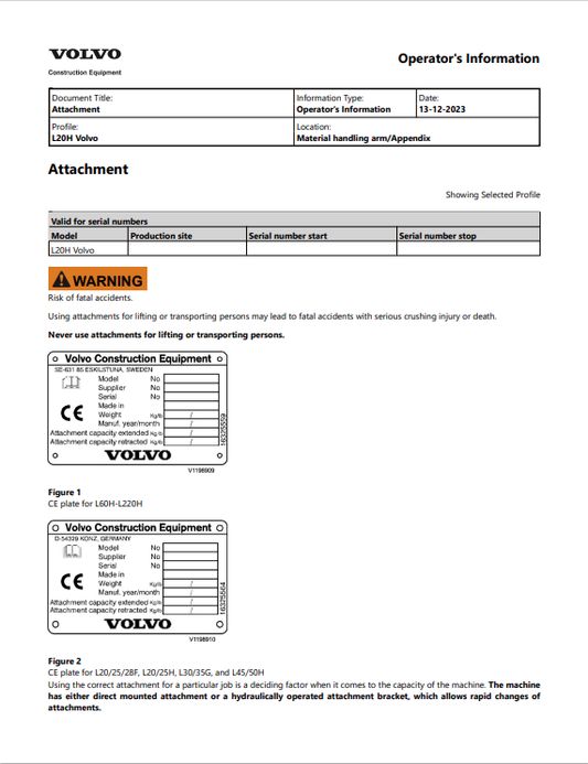 Volvo L20H Compact Wheel Loader Operator Manual - PDF File