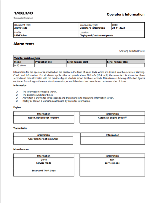 Volvo L45G Compact Wheel Loader Operator Manual - PDF File