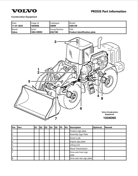 Volvo L60 OR Wheel Loader Parts Catalogue Manual - PDF File