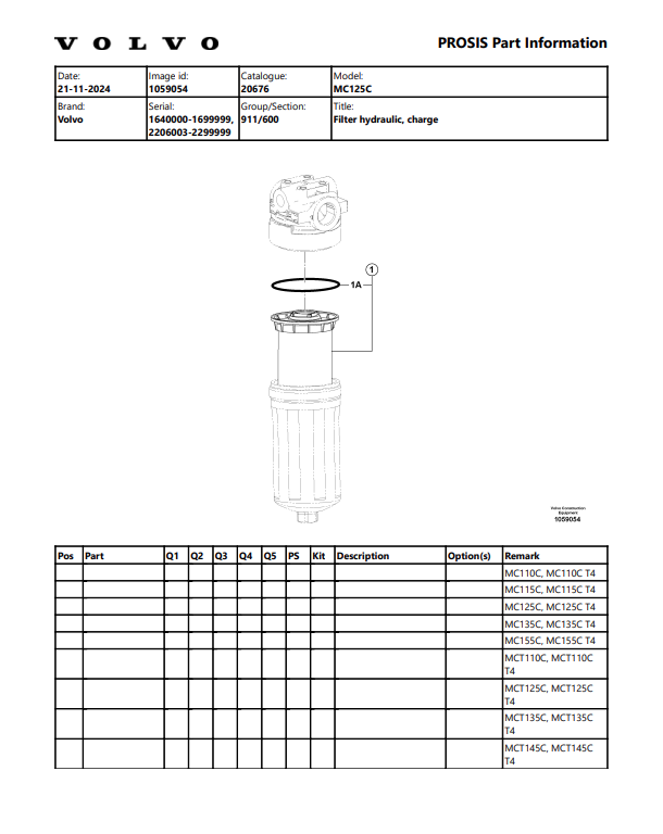 Volvo MC125C Skid Steer Loader Parts Catalogue Manual Sn 1640000-16499999, 2206003-2299999 - PDF File