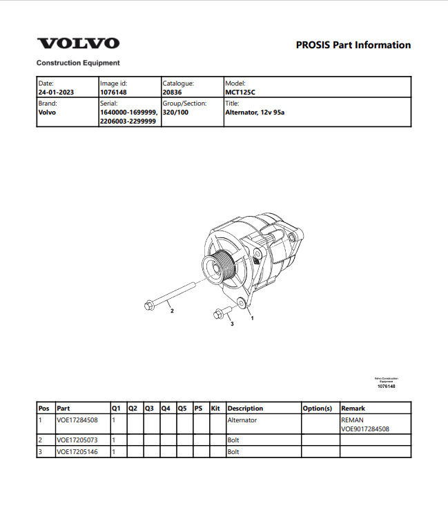 Volvo MCT125C Skid Steer Loader Parts Catalogue Manual Sn 1640000-1699999, 2206003-2299999 - PDF File