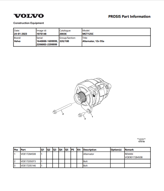 Volvo MCT125C Skid Steer Loader Parts Catalogue Manual Sn 1640000-1699999, 2206003-2299999 - PDF File