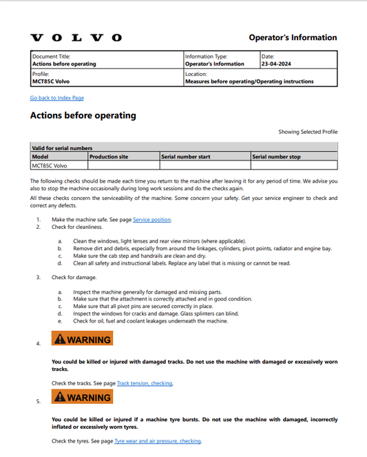 Volvo MCT85C Skid Steer Loader Operator Manual - PDF File