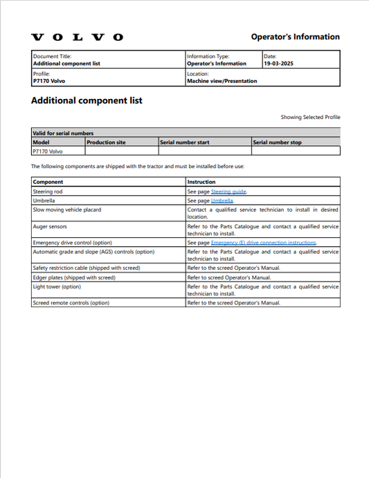 Volvo P7170 Wheeled Paver Operator Manual - PDF File